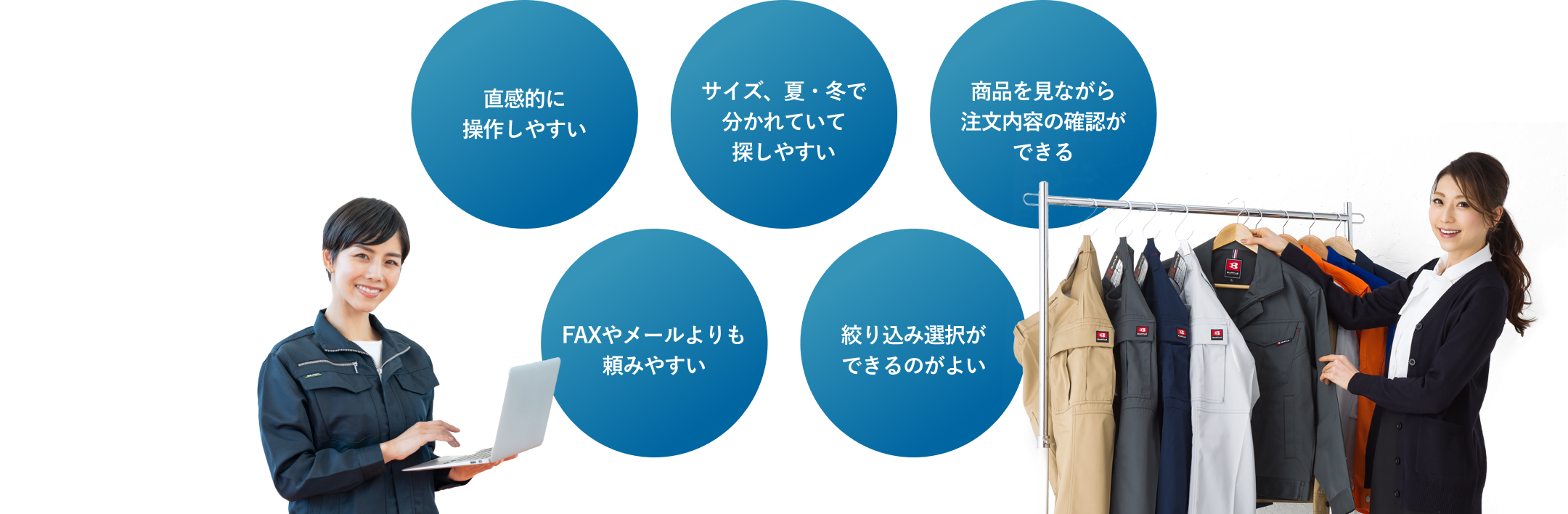 ①直感的に操作しやすい②サイズ、夏・冬で分かれていて探しやすい③商品を見ながら注文内容の確認ができる④FAXやメールよりも頼みやすい⑤絞り込み選択ができるのがよい